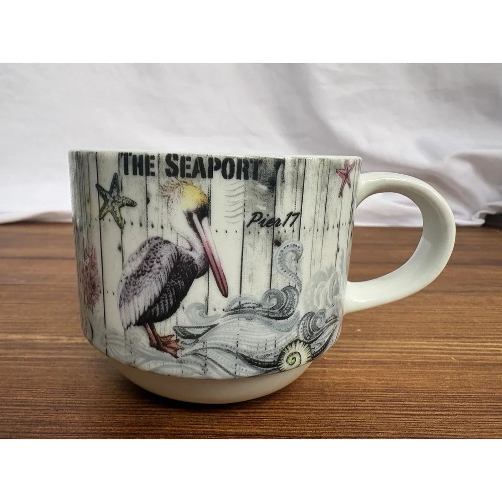 Pier 1 Coastal Nautical Mug Set w Metal Rack Beach Sea Bird Ceramic Cups